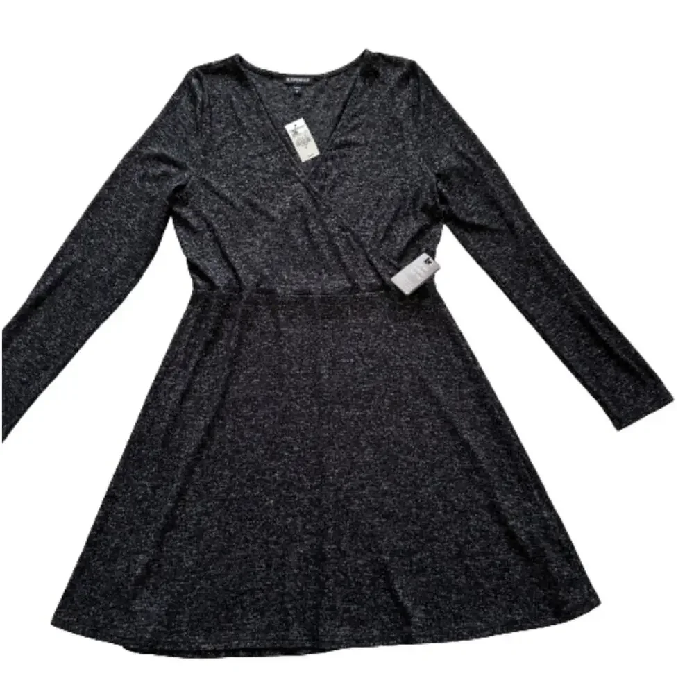 Express Dress Charcoal Gray Jersey Long Sleeve Surplice V- Neck Dress Medium NEW
